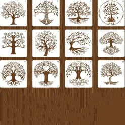 12pcs Life of Tree Paint Painting Stencils Reusable Stencils Wall Stencils DIY Craft Stencils (TreeTheme)