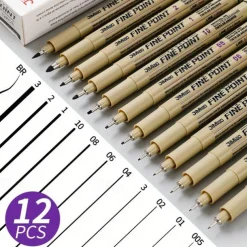 12Pcs Line Markers Plastic Drawing Pens Fine Point Line Painting Pens Compatible Writing Painting 005 01 02 03 04 05 08 Brush Different Tip Black Fineliner Sketching Pen