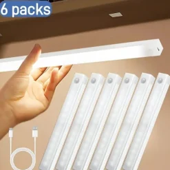 6PCS Motion Sensor LED Cabinet Lights - USB Rechargeable Night Reading Lights for Wardrobe, Kitchen, Stairs & Bookshelves 20/30cm