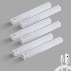 6PCS Motion Sensor LED Cabinet Lights - USB Rechargeable Night Reading Lights for Wardrobe, Kitchen, Stairs & Bookshelves 20/30cm