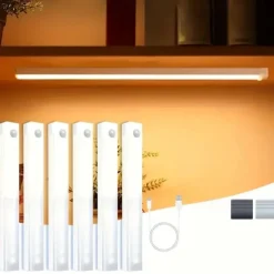 6PCS Motion Sensor LED Cabinet Lights - USB Rechargeable Night Reading Lights for Wardrobe, Kitchen, Stairs & Bookshelves 20/30cm