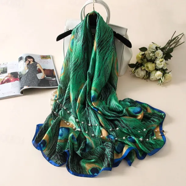 1pcs New Soft Peacock Feather Printed Silk Shawls Women Foulard Fashion Sunscreen Female Scarf Stoles Hijab Headscarf Bag Scarves