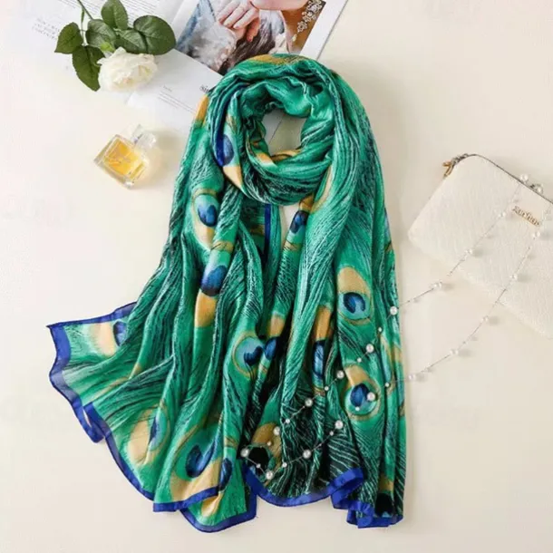 1pcs New Soft Peacock Feather Printed Silk Shawls Women Foulard Fashion Sunscreen Female Scarf Stoles Hijab Headscarf Bag Scarves