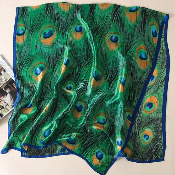 1pcs New Soft Peacock Feather Printed Silk Shawls Women Foulard Fashion Sunscreen Female Scarf Stoles Hijab Headscarf Bag Scarves