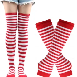 2PCS Over Knee Striped Socks and Long Arm Warm Gloves Set Christmas Socks Women's Y2K Retro Xmas Accessories