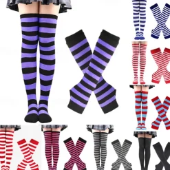 2PCS Over Knee Striped Socks and Long Arm Warm Gloves Set Christmas Socks Women's Y2K Retro Xmas Accessories