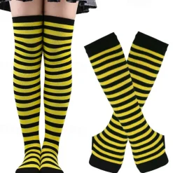 2PCS Over Knee Striped Socks and Long Arm Warm Gloves Set Christmas Socks Women's Y2K Retro Xmas Accessories