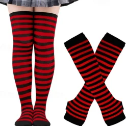 2PCS Over Knee Striped Socks and Long Arm Warm Gloves Set Christmas Socks Women's Y2K Retro Xmas Accessories