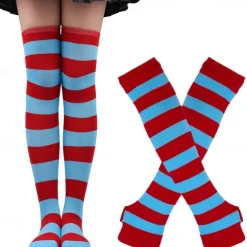 2PCS Over Knee Striped Socks and Long Arm Warm Gloves Set Christmas Socks Women's Y2K Retro Xmas Accessories