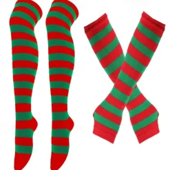 2PCS Over Knee Striped Socks and Long Arm Warm Gloves Set Christmas Socks Women's Y2K Retro Xmas Accessories