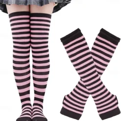 2PCS Over Knee Striped Socks and Long Arm Warm Gloves Set Christmas Socks Women's Y2K Retro Xmas Accessories