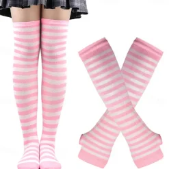 2PCS Over Knee Striped Socks and Long Arm Warm Gloves Set Christmas Socks Women's Y2K Retro Xmas Accessories