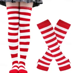 2PCS Over Knee Striped Socks and Long Arm Warm Gloves Set Christmas Socks Women's Y2K Retro Xmas Accessories