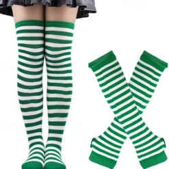 2PCS Over Knee Striped Socks and Long Arm Warm Gloves Set Christmas Socks Women's Y2K Retro Xmas Accessories