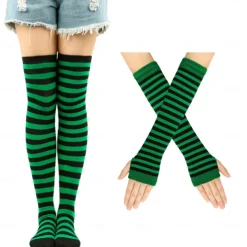 2PCS Over Knee Striped Socks and Long Arm Warm Gloves Set Christmas Socks Women's Y2K Retro Xmas Accessories
