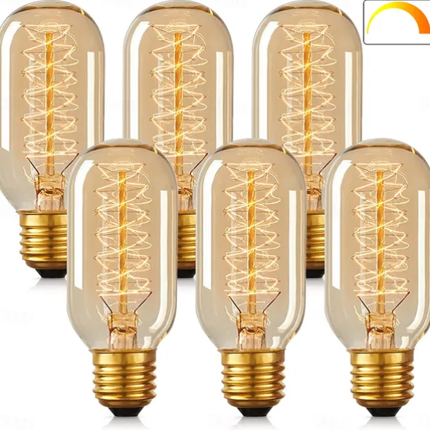 8pcs 6pcs T45 Vintage Edison Incandescent Light Bulb 40W Dimmable Antique Tubular Filament Warm White E26/E27 Amber Lamp for Home Light Fixtures Decorative AC220V AC110V