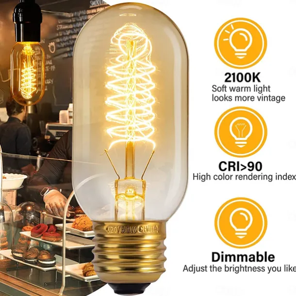 8pcs 6pcs T45 Vintage Edison Incandescent Light Bulb 40W Dimmable Antique Tubular Filament Warm White E26/E27 Amber Lamp for Home Light Fixtures Decorative AC220V AC110V