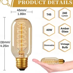 8pcs 6pcs T45 Vintage Edison Incandescent Light Bulb 40W Dimmable Antique Tubular Filament Warm White E26/E27 Amber Lamp for Home Light Fixtures Decorative AC220V AC110V