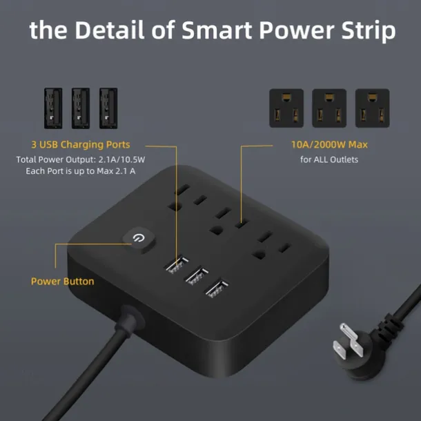 1Pcs Power Strip Surge Protecto Flat Plug Desktop Charging Station With Overload Protection For Home Office Travel Computer