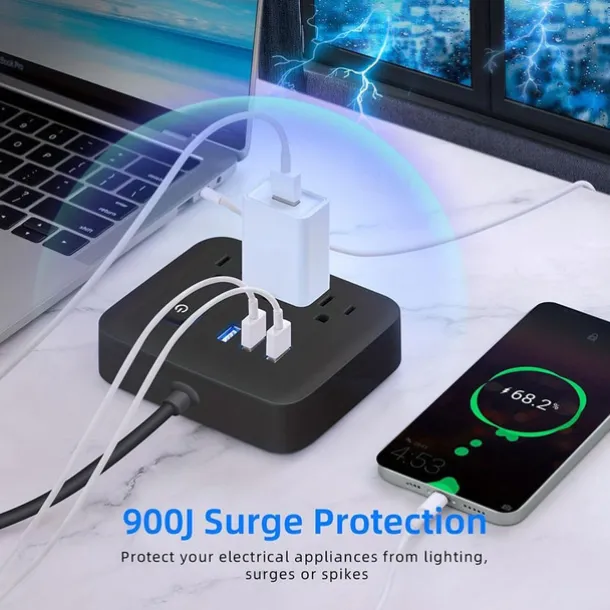1Pcs Power Strip Surge Protecto Flat Plug Desktop Charging Station With Overload Protection For Home Office Travel Computer