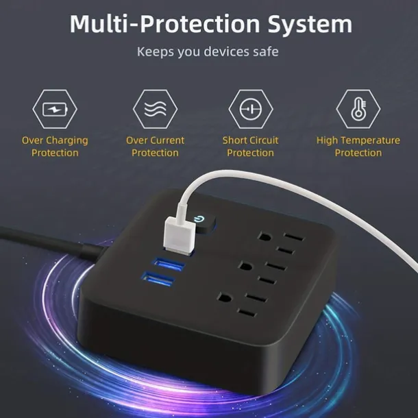 1Pcs Power Strip Surge Protecto Flat Plug Desktop Charging Station With Overload Protection For Home Office Travel Computer