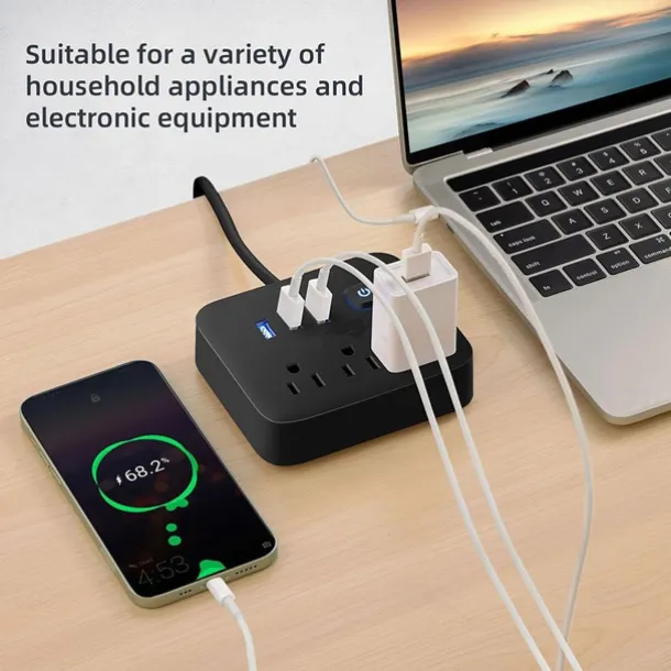 1Pcs Power Strip Surge Protecto Flat Plug Desktop Charging Station With Overload Protection For Home Office Travel Computer