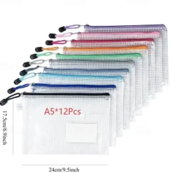 12pcs PVC Stationery Storage Bag Folder File Mesh Zipper Pouch A4 A5 Document Bag File Folders School Office Supplies（Random Color）