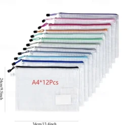 12pcs PVC Stationery Storage Bag Folder File Mesh Zipper Pouch A4 A5 Document Bag File Folders School Office Supplies（Random Color）