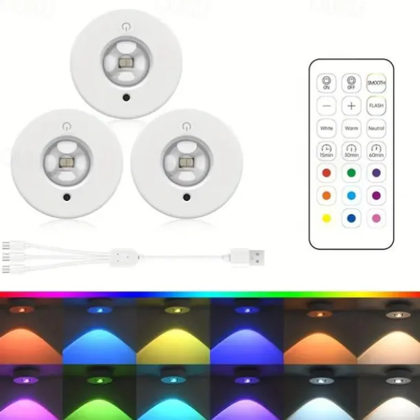 3pcs Rechargeable LED Under Cabinet Light with Remote, Spotlight RGB Color Changing Warm & Neutral White Options Adjustable Brightness Magnetic Mount For Easy Installation for Halloween