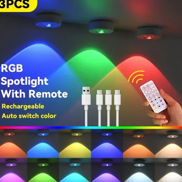 3pcs Rechargeable LED Under Cabinet Light with Remote, Spotlight RGB Color Changing Warm & Neutral White Options Adjustable Brightness Magnetic Mount For Easy Installation for Halloween