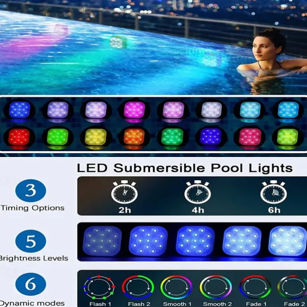 2pcs Rechargeable Submersible Pool LED Light with Remote Control, LED Underwater Light Multicolor LED Diving Pool Light USB Timer Color Changing Aquarium Fish Tank Night Light