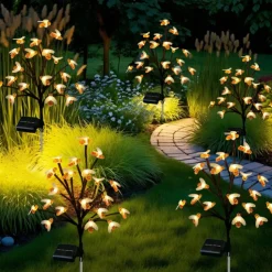 2pcs Solar Bee Lawn Lights - 40LEDs Waterproof Outdoor Cherry Blossom Pathway Garden Lights for Holiday, Wedding and Walkway Decoration