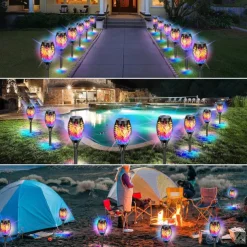 4pcs Solar Flame Lights Waterproof Multicolor Lawn Light Outdoor Garden Patio Trail Walkway Halloween Christmas Party Holiday Landscape Decoration
