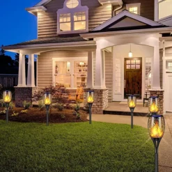 4pcs Solar Flame Lights Waterproof Multicolor Lawn Light Outdoor Garden Patio Trail Walkway Halloween Christmas Party Holiday Landscape Decoration