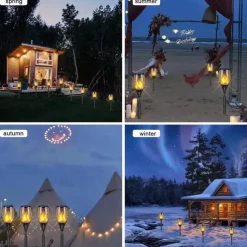 4pcs Solar Flame Lights Waterproof Multicolor Lawn Light Outdoor Garden Patio Trail Walkway Halloween Christmas Party Holiday Landscape Decoration