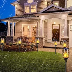 4pcs Solar Flame Lights Waterproof Multicolor Lawn Light Outdoor Garden Patio Trail Walkway Halloween Christmas Party Holiday Landscape Decoration