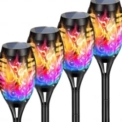 4pcs Solar Flame Lights Waterproof Multicolor Lawn Light Outdoor Garden Patio Trail Walkway Halloween Christmas Party Holiday Landscape Decoration