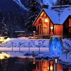 4pcs Solar Flame Lights Waterproof Multicolor Lawn Light Outdoor Garden Patio Trail Walkway Halloween Christmas Party Holiday Landscape Decoration