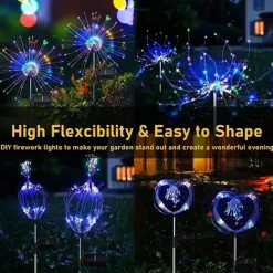 2Pcs Solar Garden 8 Lighting Mode Starburst Lights, Waterproof Solar Powered Firework Stake Lights for Outdoor Decor,120 LED Sparklers String Lights for Yard Pathway Party Valentines Day Decor