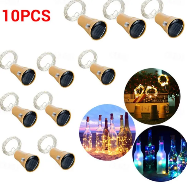 10Pcs Solar Wine Bottle Lights Outdoor Cork Shape Fairy Lights Garland Christmas Light Copper Wire Home Room Decoration Lamp 2m 1m