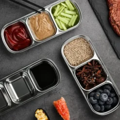 2/4pcs Stainless Steel Soy Sauce Dish Dipping Bowls 3 Grids Divided Sauce Dishes Side Dishes for Soy Sauce Ketchup Seasoning Sushi (3 Grid)