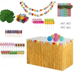 152PCS Table Skirt Package Hawaiian Tassel Table Surround Simulation Turtle Back Leaf Hibiscus Honeycomb Insert Table Decoration