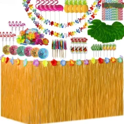 152PCS Table Skirt Package Hawaiian Tassel Table Surround Simulation Turtle Back Leaf Hibiscus Honeycomb Insert Table Decoration