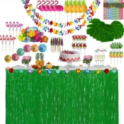 152PCS Table Skirt Package Hawaiian Tassel Table Surround Simulation Turtle Back Leaf Hibiscus Honeycomb Insert Table Decoration