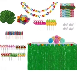 152PCS Table Skirt Package Hawaiian Tassel Table Surround Simulation Turtle Back Leaf Hibiscus Honeycomb Insert Table Decoration