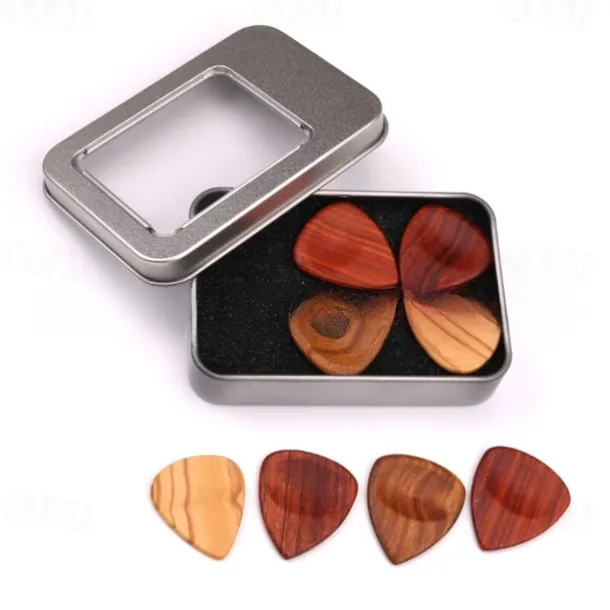 4Pcs Wooden Guitar Picks with Iron Storage Box Solid Wood Guitar Picks