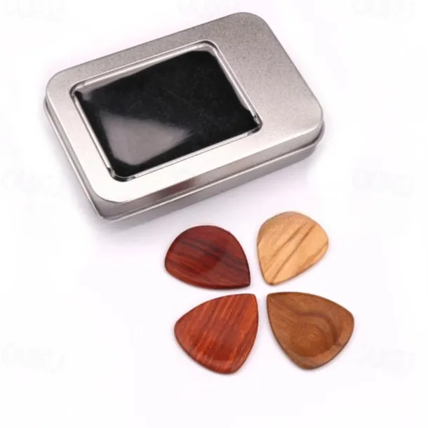 4Pcs Wooden Guitar Picks with Iron Storage Box Solid Wood Guitar Picks