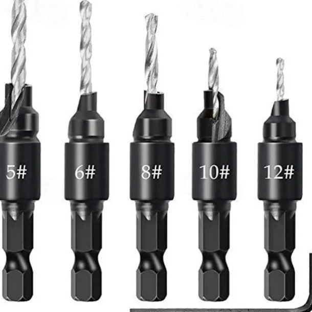 5pcs Woodworking Countersink Drill Bit Set, With 1/4" Hex Shank For DIY Woodworking With One L-Wrench #5 #6 #8 #10 #12