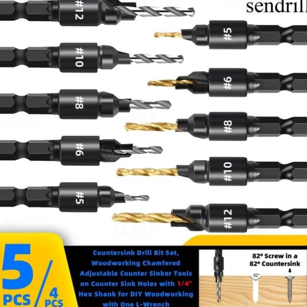 5pcs Woodworking Countersink Drill Bit Set, With 1/4" Hex Shank For DIY Woodworking With One L-Wrench #5 #6 #8 #10 #12