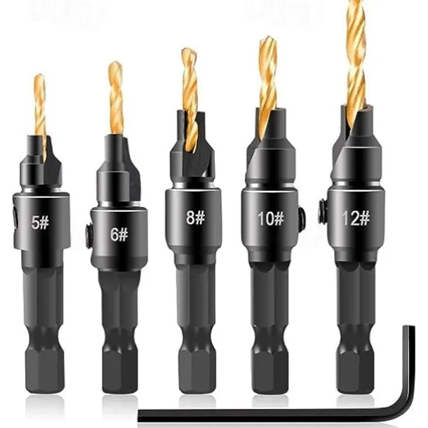 5pcs Woodworking Countersink Drill Bit Set, With 1/4" Hex Shank For DIY Woodworking With One L-Wrench #5 #6 #8 #10 #12